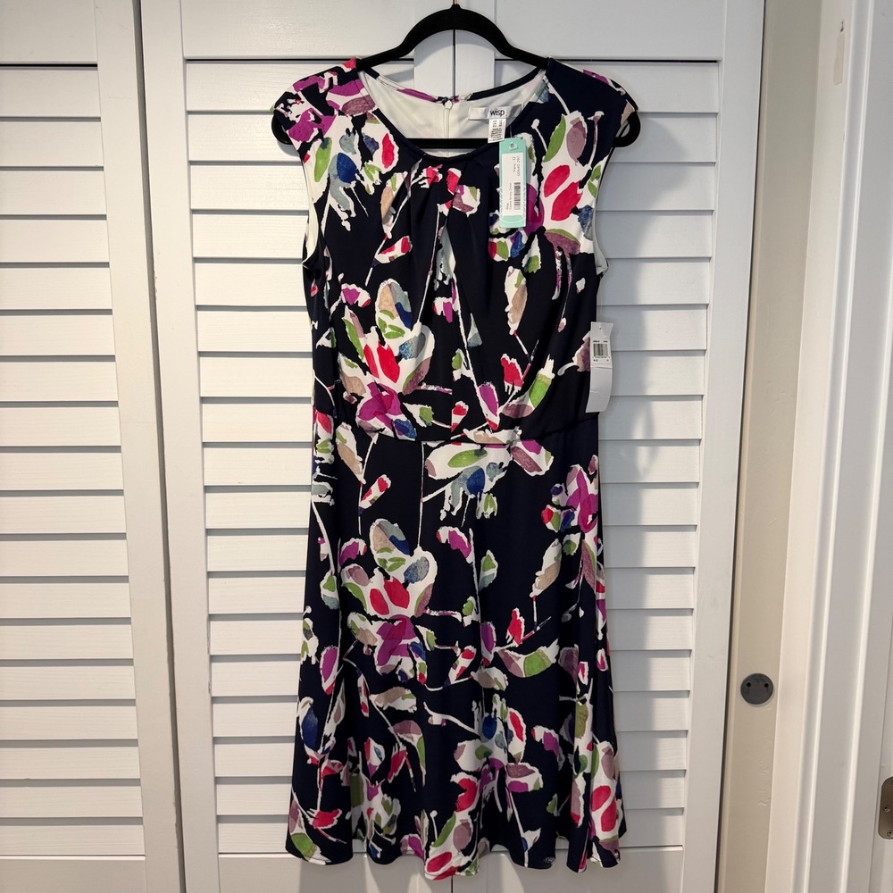 Wisp Navy Blue Floral Print Ceena Jersey‎ Knit Knee Length Dress Women's 12 New